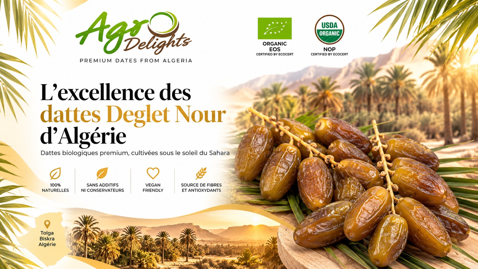 L'excellence des dattes Deglet Nour d'Algérie — Agro Delights, Tolga, Biskra